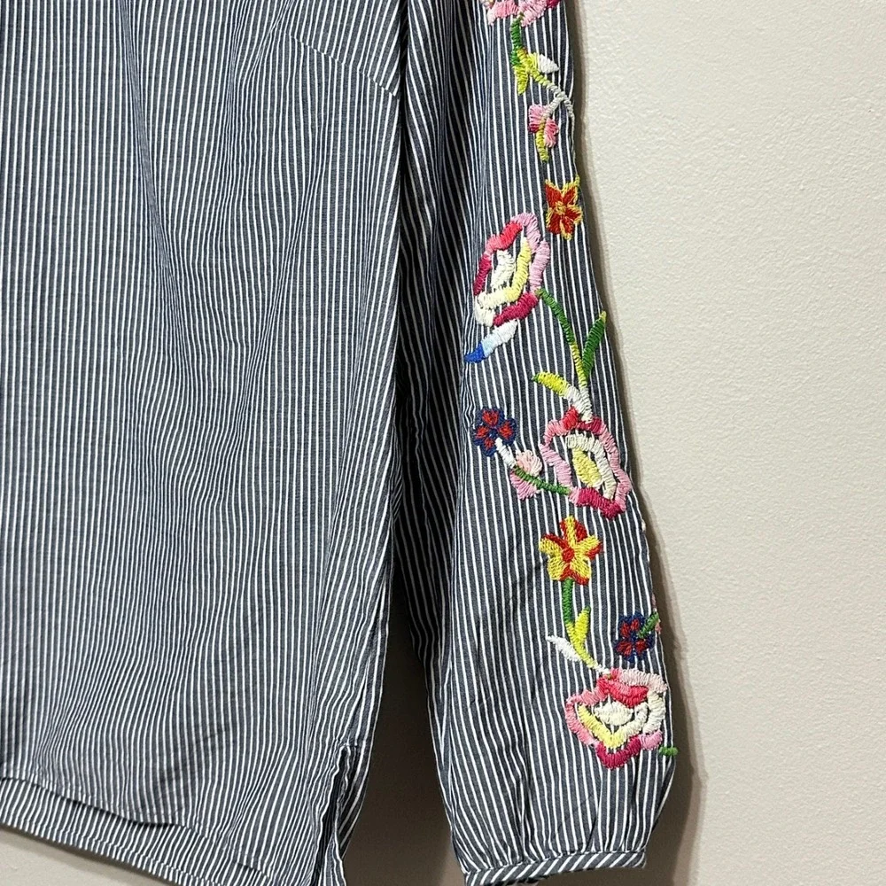 Talbots Floral Embroidered Striped Blouse Tunic‎ Womens XS Boho Lightweight Top